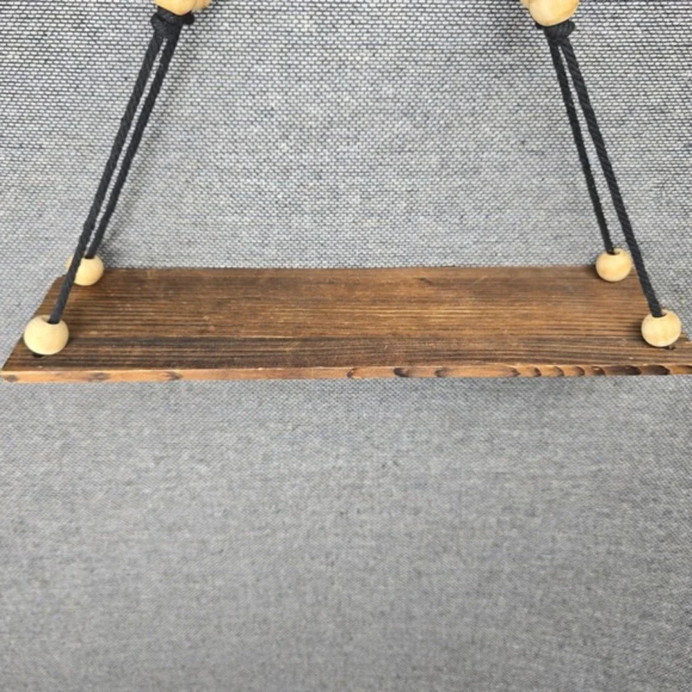 Boho Hanging‎ Wood Wall Shelf Black Cord Natural Beads Rustic Floating Swing